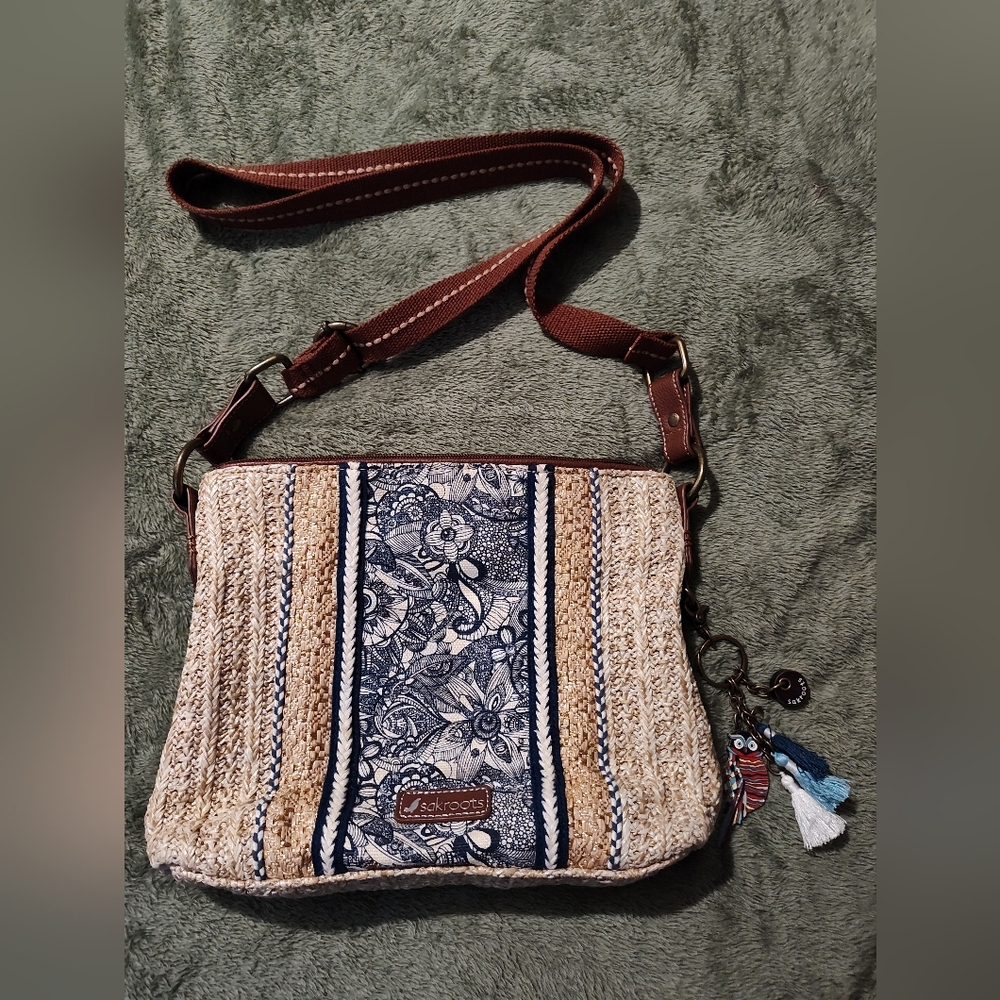 SAKROOTS Artist Curcle Batik Vegan Straw Navy Gold Crossbody Purse